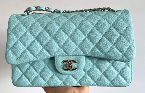 Chanel 19c medium classic flap, caviar leather in tiffany blue