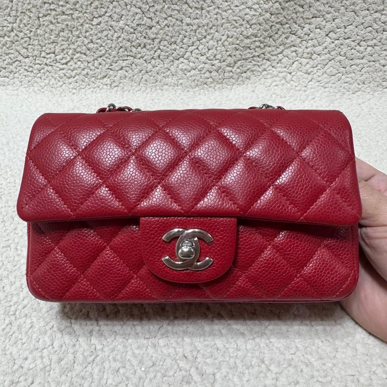 Preowned Chanel Red Mini Rectangle Caviar Silver Hardware